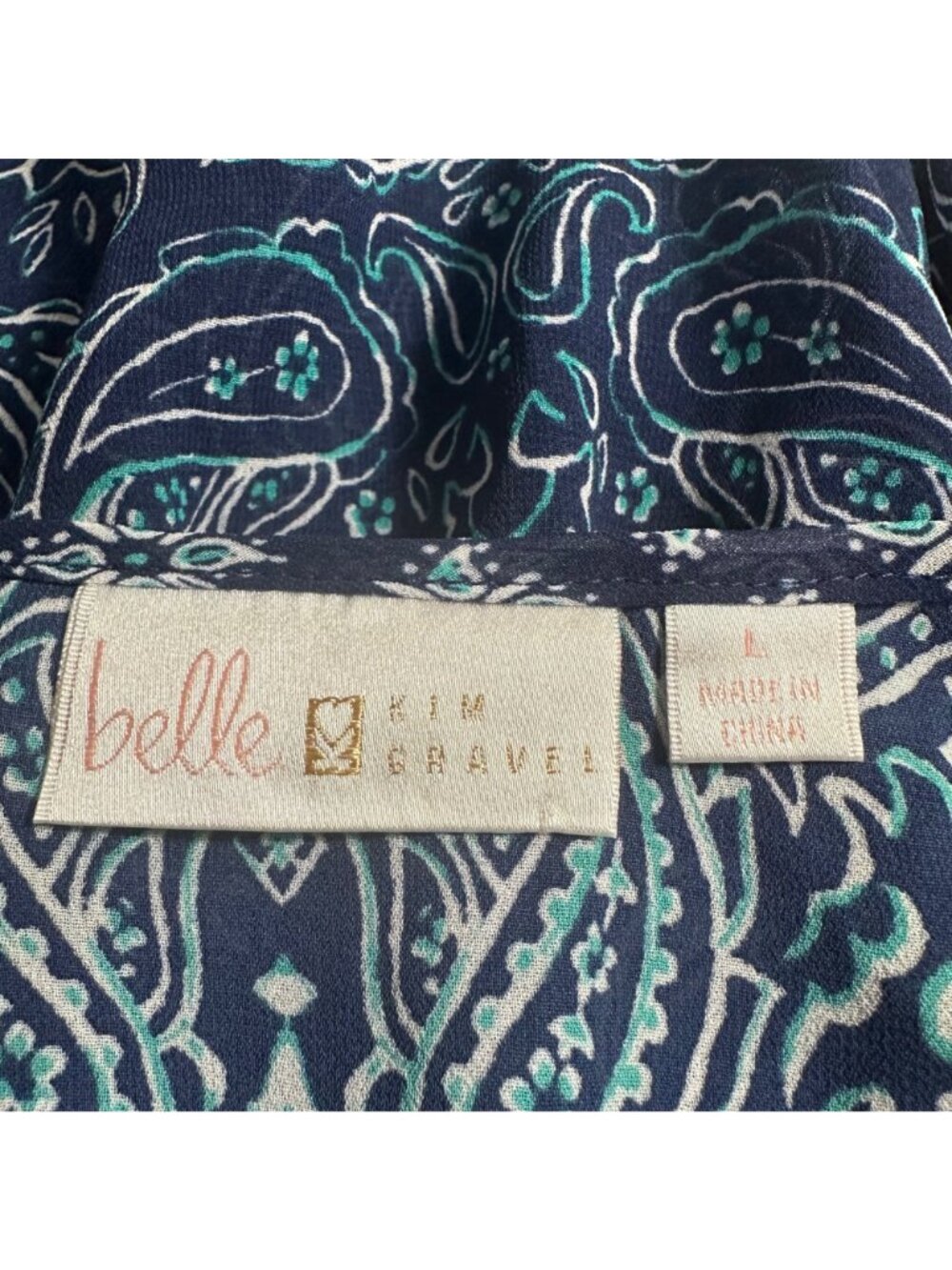 Belle Kim Gravel Navy & Teal Paisley Print V-Neck Sheer Blouse Top Womens L Boho - Picture 4 of 8